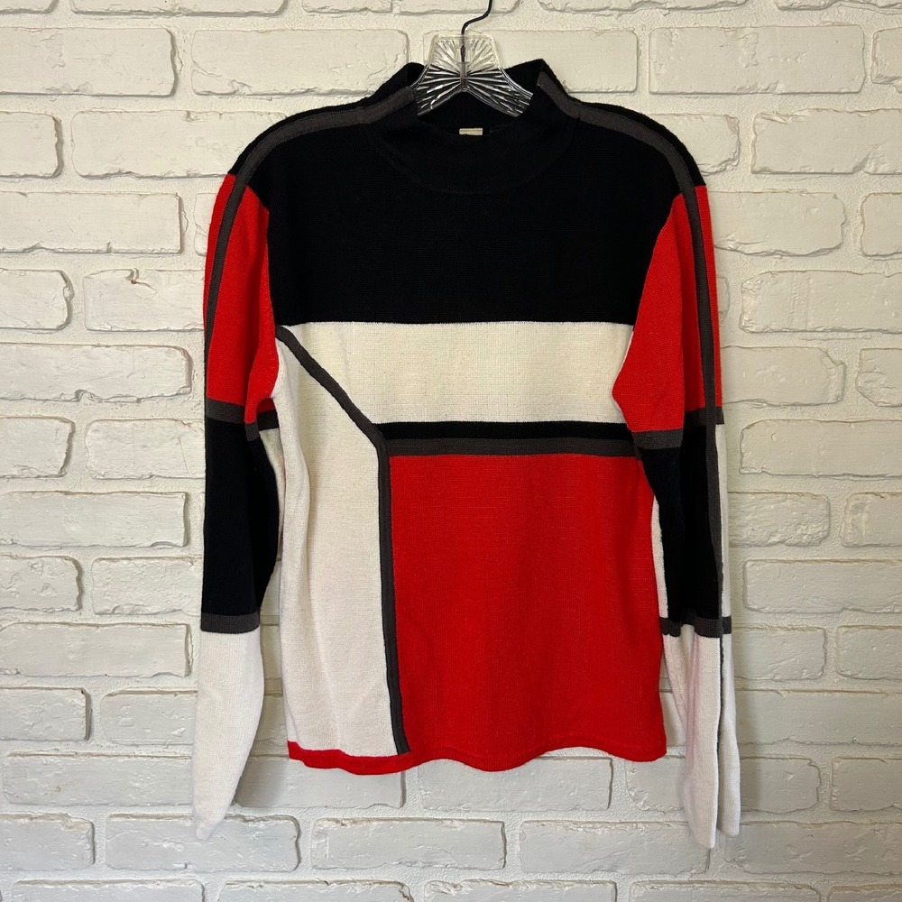 Obermeyer Red White Black Gray Block Print Knit Sweater Women's Size Large